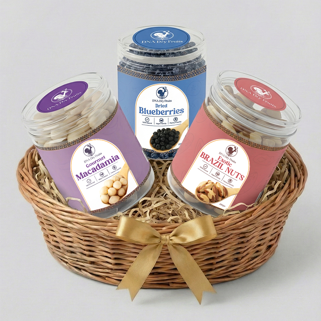 Basket of jars with various food products and colorful labels on a light gray background